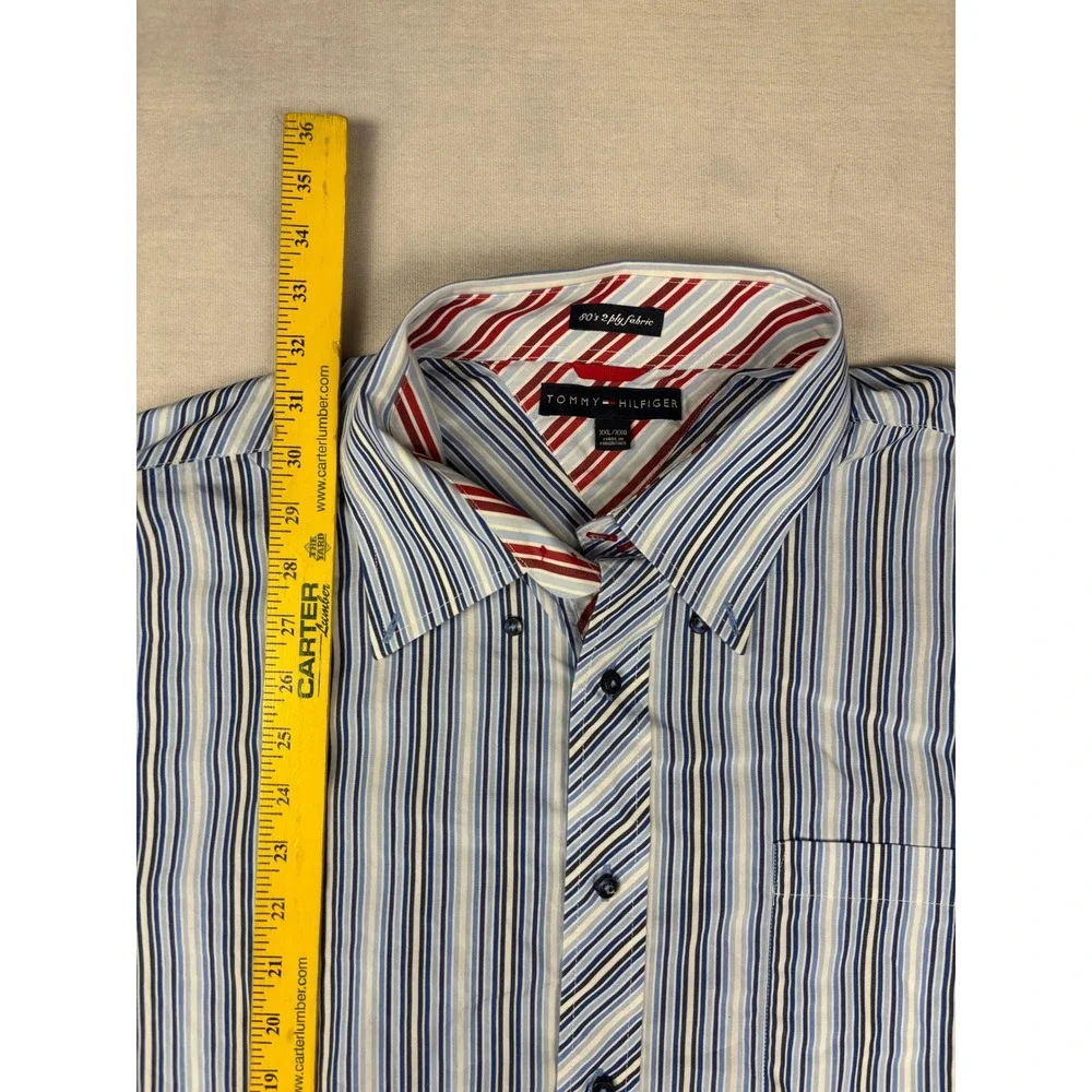 Tommy Hilfiger Mens XXL Blue White Striped 80s 2-Ply Cotton‎ Button Down Shirt